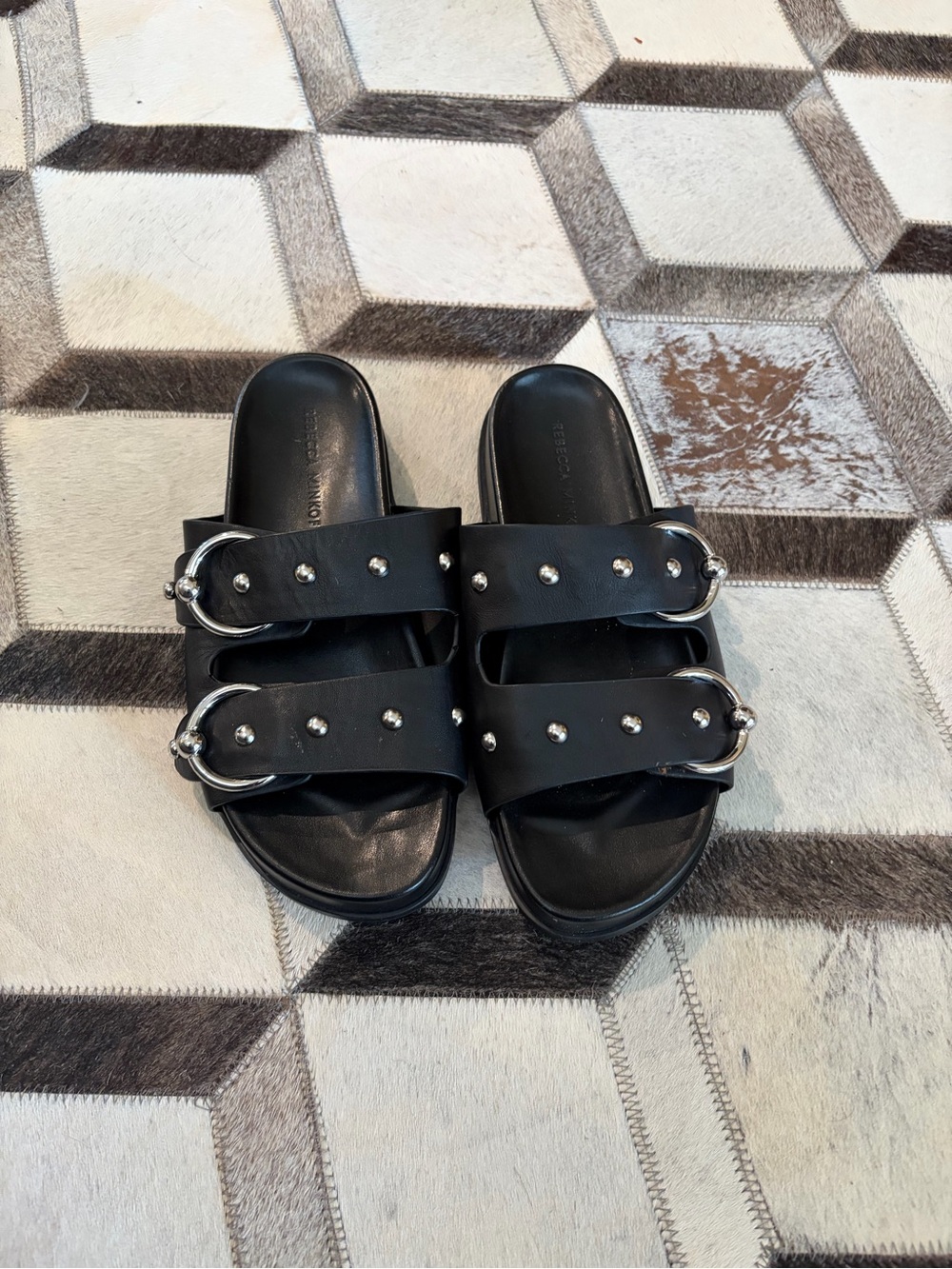 Rebecca Minkoff Black Studded Double-Strap leather Slide Sandals - 6